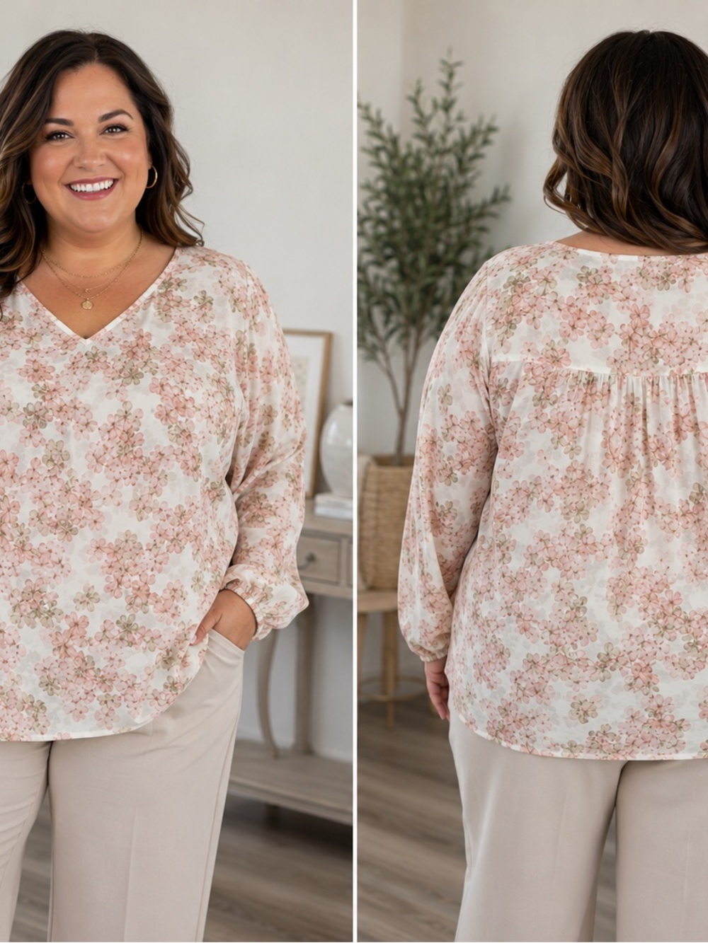 Rose & Olive Blush Floral V-Neck Long Sleeve Blouse Size 2Xl